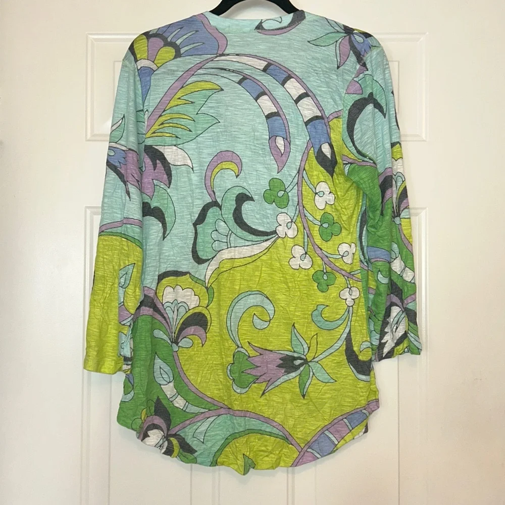 David Cline Multicolor Floral LS V-Neck Tunic Top L Hi/Low Hem Textured